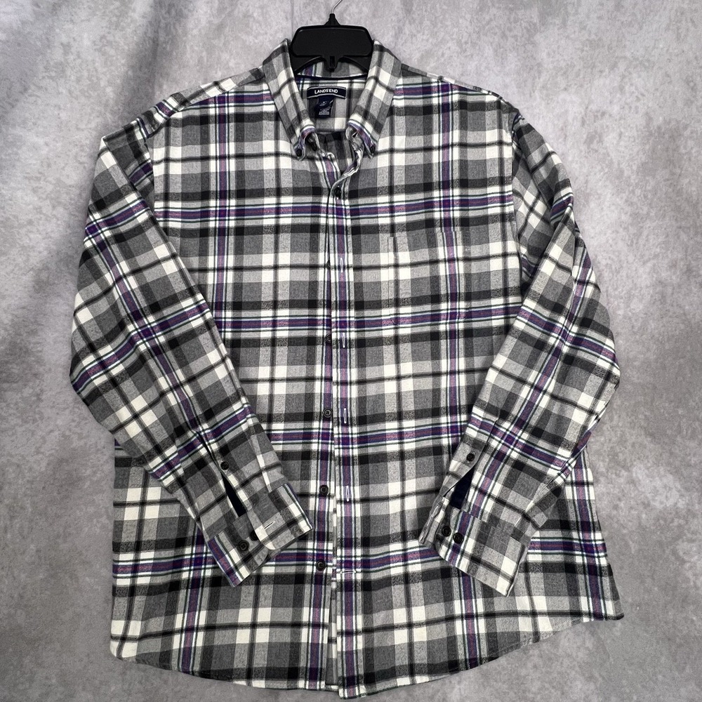 Lands' End Mens XL Traditional Fit Flannel Shirt Plaid‎ Gray White